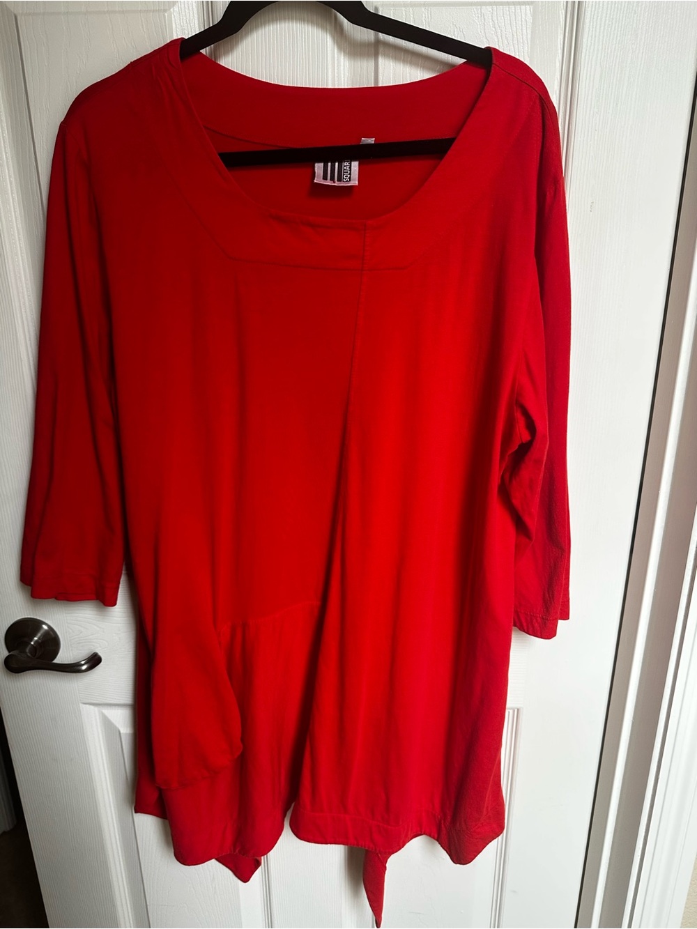 M Square-Red Lagenlook Tunic Top-One Size Fits All Asymmetrical Hem Long Sleeve